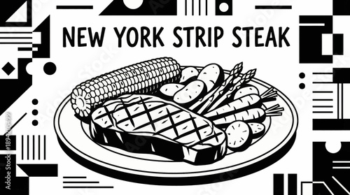 New York strip steak served with grilled corn and seasonal vegetables black and white vector illustration, perfect for menu and restaurant branding