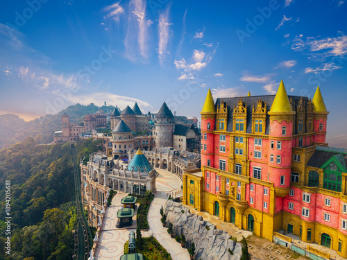Canvastavla Ba na hills scenic view with colorful castles under blue sky in Da nang, Vietnam