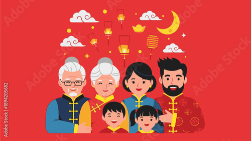 Illustration of a multi-generational Asian family in traditional clothing with festive lanterns and clouds on a red background.