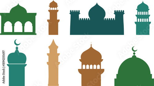 Islamic mosque architecture silhouettes in various colors  religious building elements