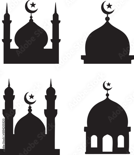 Islamic mosque silhouettes with crescent moon and star  religious architecture icons