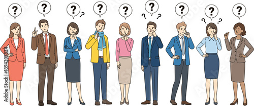 Business people thinking and feeling confused with question marks, decision making challenge, problem solving concept, uncertainty in workplace, flat vector illustration design