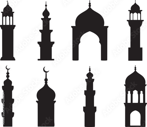 Set of islamic mosque minarets and domes silhouettes