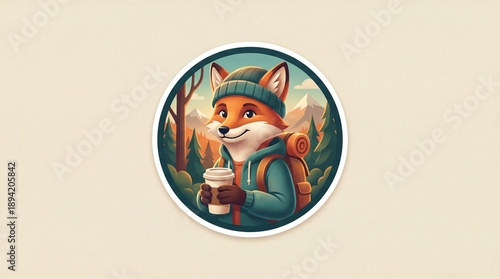 Cartoon fox in outdoor gear holds coffee cup in forest
