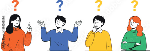 Confused people thinking and asking questions, problem solving concept, decision making process, uncertainty and doubt, business psychology idea, flat vector illustration