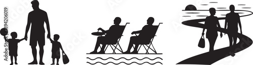 Silhouette of people at the beach with children family on vacation