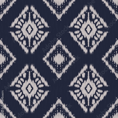 Blue ikat shibori pattern. Illustration ikat tribal abstract geometric diamond shape seamless pattern. Ethnic geometric pattern use for fabric, textile, home decoration elements, upholstery, etc.