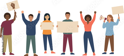 Diverse people holding protest signs and raising fists, social justice demonstration concept, peaceful activism movement, human rights awareness, flat vector illustration design