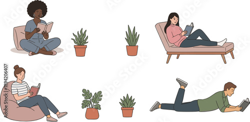 Young men and women reading books at home, cozy indoor lifestyle, modern education concept, relaxation and learning, flat vector illustration design