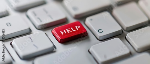 Close up of a red help key on a white computer keyboard. Concept of support, assistance, and online help desk in technology and customer service.