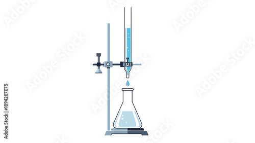 Laboratory equipment setup with a burette and Erlenmeyer flask on a stand against a white background with a scientific mood.
