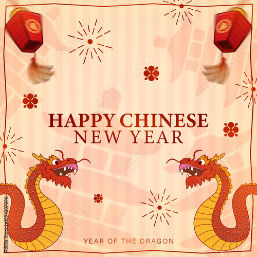 Happy Chinese New Year 2024 Year of the Dragon Banner, Lunar New Year Greeting Card with Red Lanterns and Dragons, Traditional Chinese Festival Background with Dragon Illustration, Oriental Spring Fes