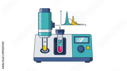 Illustration of a laboratory device with a control panel and graphs on a white background.