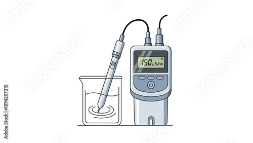 Digital illustration of a pH meter measuring acidity in a laboratory beaker with a clear liquid and electrode probe.