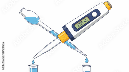Illustration of a digital thermometer with a pipette and two beakers on a white background, with blue liquid and a scientific laboratory setup.