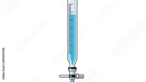 Close-up illustration of a laboratory burette with a blue liquid and silver stopcock against a white background.