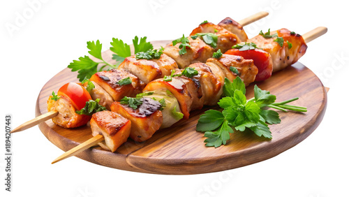 Grilled chicken skewers with herbs on wooden board, delicious barbecue food, close-up
