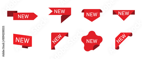 New arrival tag icon set. Red new sale label. Price sticker vector icons.
