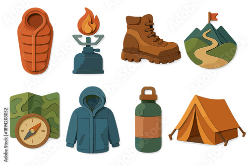 Camping equipment flat icon set. featuring sleeping bag, stove, boots, mountains, map, jacket, bottle, tent