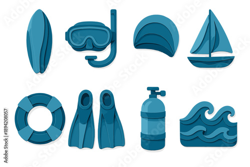 Water sports silhouette icon set. featuring surfboard, snorkel, boat, lifebuoy, flippers, scuba tank, waves