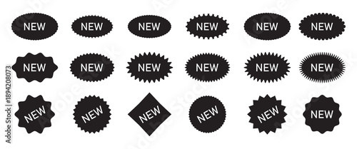 New label badge collection illustration. Red stickers and tags with new text in different shapes