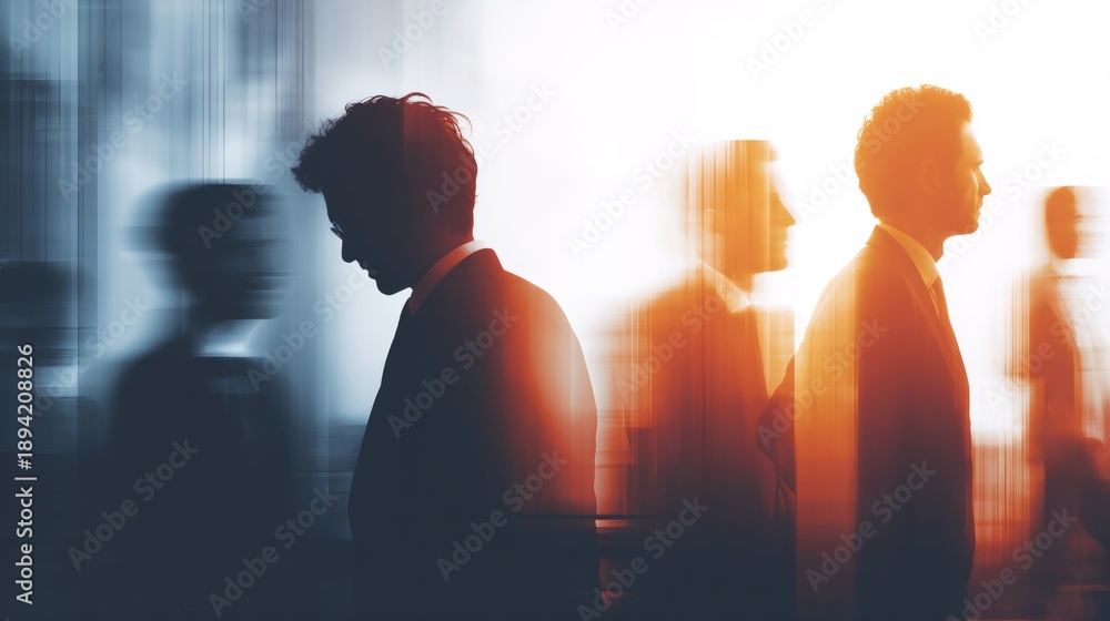 Fototapeta premium Man in a suit is walking down a street with other people