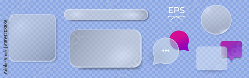 Set of Glassmorphism UI elements with translucent frosted glass panels, buttons and chat bubbles on transparent background. Modern interface components for web, app, UX and UI design.