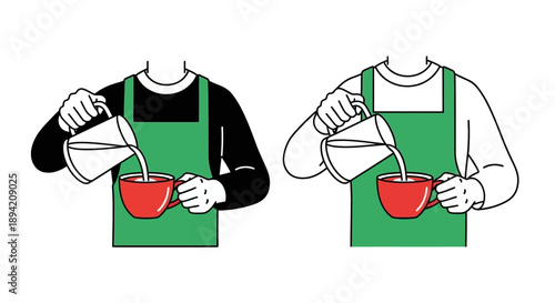 Two illustrations of a person pouring a drink into a red mug