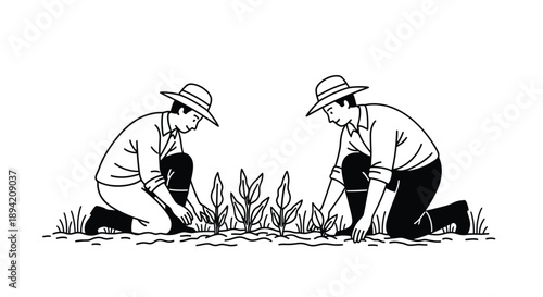 Two farmers kneeling and tending to plants in a field