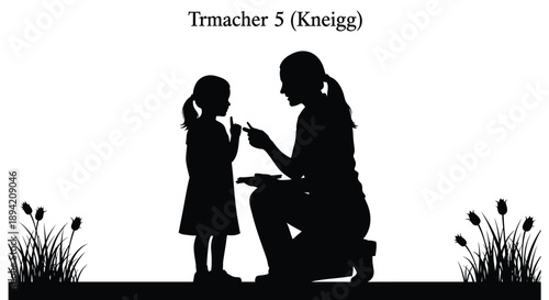 Silhouette of a mother and child interacting outdoors with floral elements