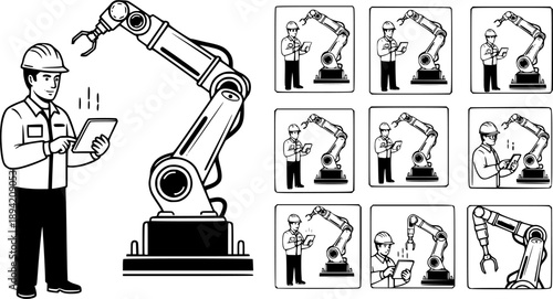 Robotics engineer man testing industrial automation robot arm