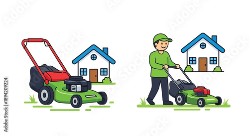 A man mowing the lawn in front of a small blue house