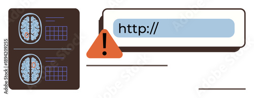 Healthcare security, data protection, medical information, cybersecurity, digital health, diagnosis safety. Brain scan images next to an alert triangle and URL bar. Healthcare security and data