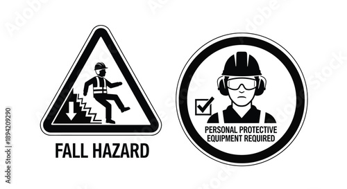 Safety warning signs illustrating fall hazards and required protective equipment