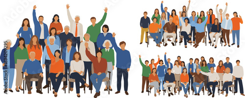 Large group of diverse people raising hands and sitting together, community meeting and public discussion concept, social participation and teamwork, audience engagement and unity, flat vector 