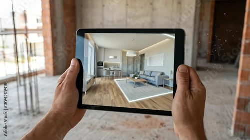 Man uses tablet for augmented reality architectural visualization, showcasing interior design and room layout in a concrete shell