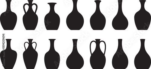 vase silhouette set, vase vector collection, diverse vase designs, ancient, ceramic, potter, amphora, . Ideal for interior design, art decor, elegant visuals 
