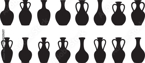 vase silhouette set, vase vector collection, diverse vase designs, ancient, ceramic, potter, amphora, . Ideal for interior design, art decor, elegant visuals 