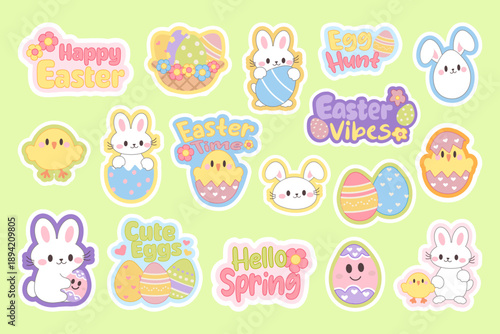 Cute kawaii style Easter sticker set Adorable characters festive elements. Perfect for kids designs, planners, social media, messaging apps, greeting cards, prints, cheerful spring holiday decorations