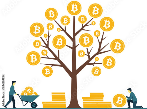 People collecting bitcoin from digital money tree, cryptocurrency investment and passive income concept, blockchain finance and virtual currency growth, crypto mining and wealth management, flat 