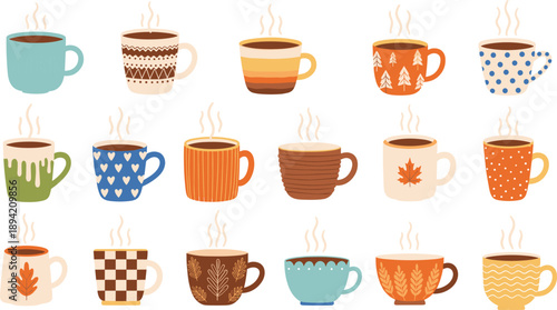 Collection of colorful coffee and tea mugs with steam, cozy autumn and winter drink concept, cute cup designs for cafe branding and home decor, flat vector illustration