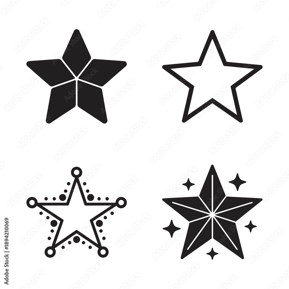 Obraz premium A collection of four black and white five-pointed star icons with different designs