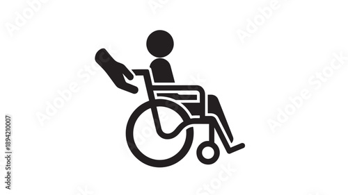 Simple black icon of person in wheelchair holding remote control in minimalist style on white background for accessibility symbol