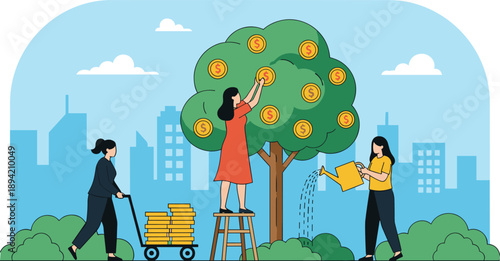 People growing and collecting money from financial tree in city background, wealth management and passive income concept, investment growth and savings strategy, business success and prosperity, flat
