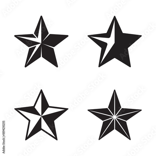 A collection of four distinct variations of black five-pointed star icons in a simple graphic style