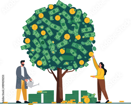 People growing and collecting money from financial tree, wealth management and passive income concept, investment growth and savings strategy, business success and prosperity, flat vector illustration