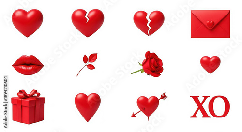 Collection of red valentine's day symbols isolated on transparent background