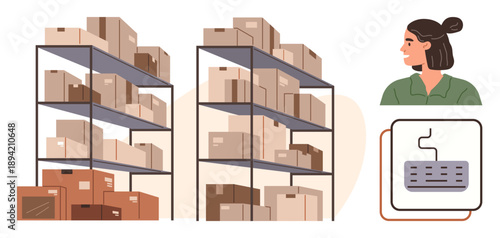 Inventory management, logistics, warehouse operations, e-commerce fulfillment, supply chain, storage solutions. Warehouse with stacked boxes on shelves, worker profile, barcode scanner icon