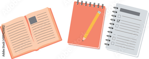 Open book, notebook with pencil and checklist planner, study and education supplies concept, learning organization and productivity tools, school and office stationery, flat vector illustration