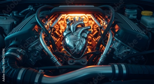 Chrome heart sculpture in a car engine with glowing orange background mechanical